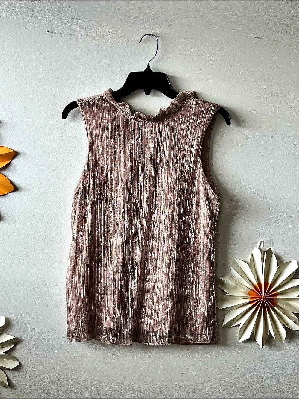 Rose Gold Metallic Ruffle Neck Top Pink S